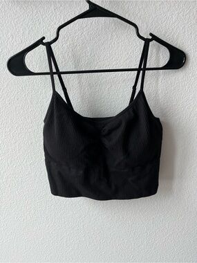 Black Ribbed Cropped Tank Top, Longline Bra, Built In Bra, Large